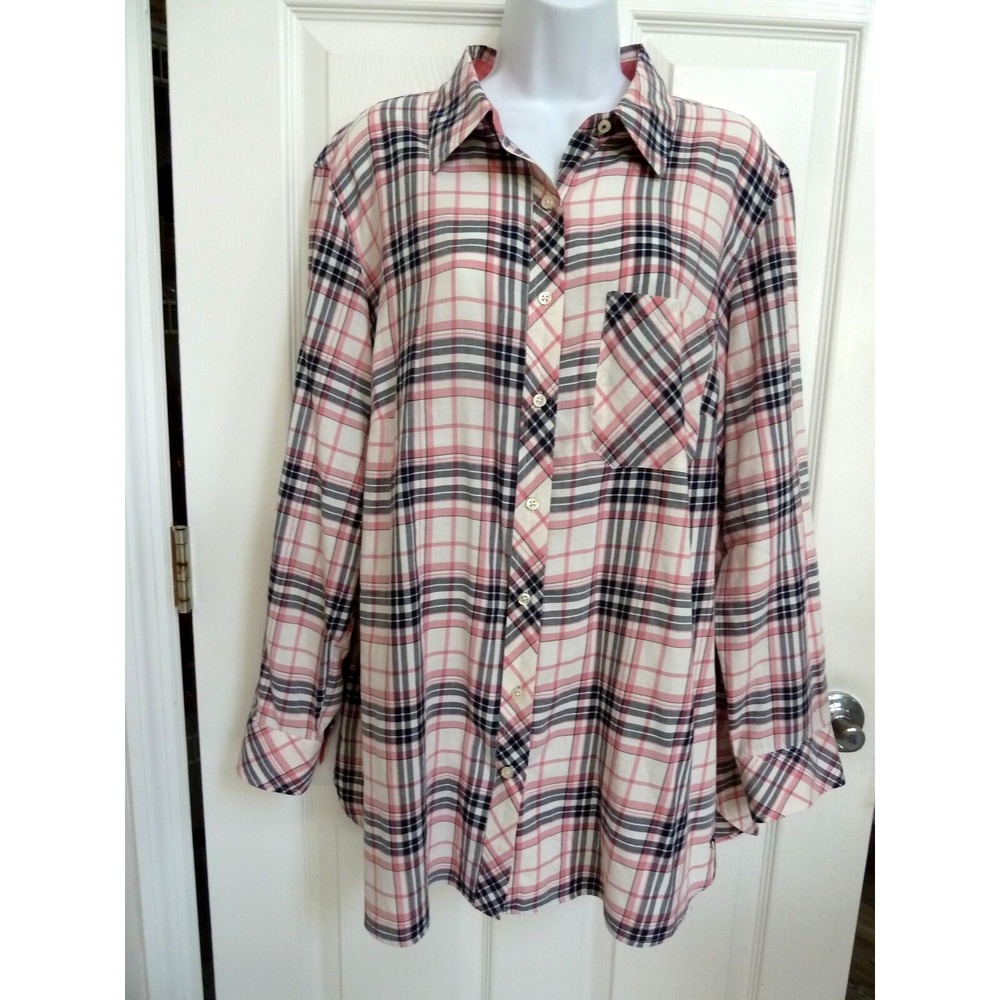 Talbots Woman Plus Size 2X Plaid Blouse Roll Tab Sleeve Pink Black Cotton Blouse